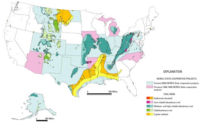 Map showing coal fields of the U.S. classified by coal rank and areas
      of cooperative study of coal resources and quality. For a more detailed explanation, contact Stanley Schweinfurth at sschwein@usgs.gov