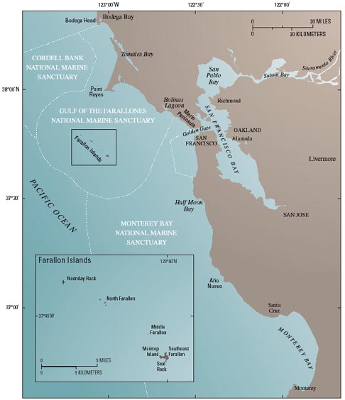 Map showing the California coast from Bodega Bay to Monterey Bay with the Farallon Islands shown larger in an inset