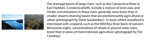 photos page 17 - The drainage basins of large rivers, such as the Connecticut River at
East Haddam, Connecticut, include a mixture of land uses, and
nitrate concentrations in these rivers generally were lower than in
smaller streams draining basins that are predominantly agricultural or
urban (photograph by Steve Garabedian). In areas where woodland is
intermixed with cropland, such as the Wild Rice River Basin of western
Minnesota (right), concentrations of nitrate in ground water were
lower than in areas of more intensive agriculture (photograph by Tim
Cowdrey).