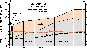 Cross-section showing water levels during high and low flows