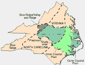 Location of study area and physiographic provinces in North Carolina
 and Virginia