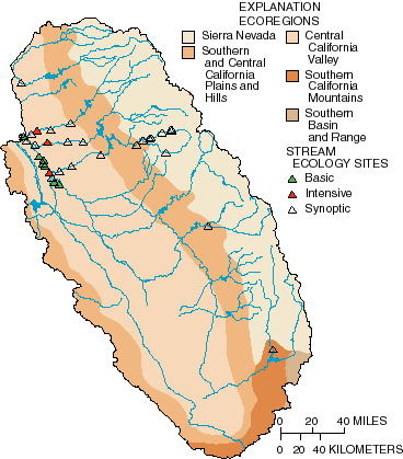 Map showing location of stream ecology sites