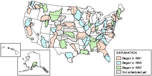 Map of the United States showing the NAWQA study units and starting years.