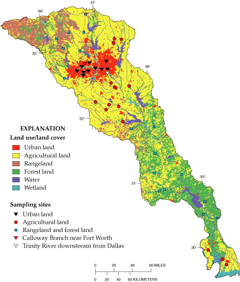 Map showing nutrient sampling sites in the Trinity River Basin.