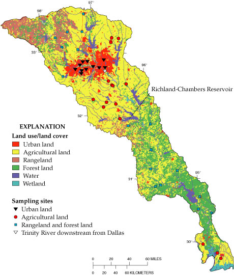 Map showing pesticide sampling sites in the Trinity River Basin.