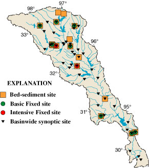 Map showing data collection sites for chemistry of surface water and bed sediment.