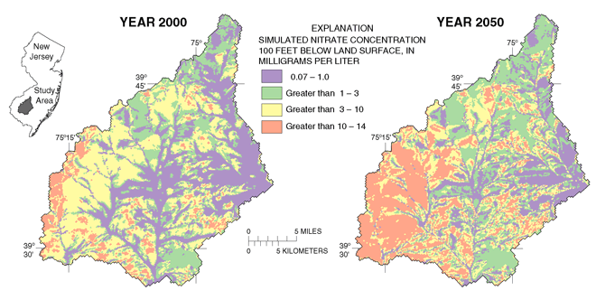 Figure 17. Domestic wells in the Kirkwood-Cohansey aquifer of southern New Jersey are commonly completed at a depth of 90-100 feet below land surface. Simulated nitrate concentrations at this depth in the Glassboro study area for the years 2000 and 2050 indicate that ground water in areas of intensive nitrogen fertilizer use is likely to exceed the drinking-water standard for nitrate of 10 mg/L by 2050. This simulation assumes nitrate inputs remain unchanged from year 2000.