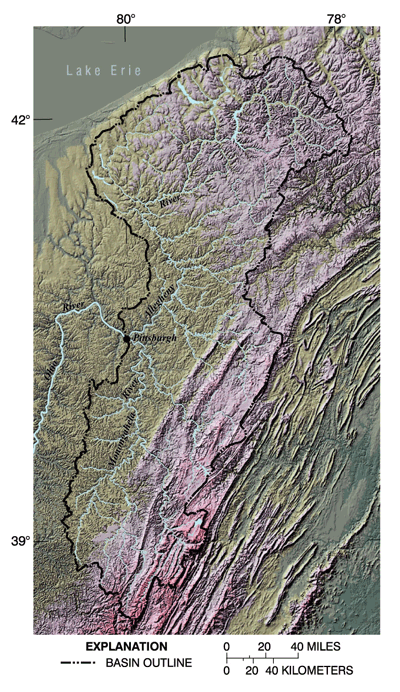Figure 1. The Allegheny and Monongahela River Basins lie almost entirely within the Appalachian Plateaus Physiographic Province. The eastern parts of the basins are more mountainous, the west is characterized by “rolling hills,” and the northwest has relatively low relief as a result of being covered by glaciers in the last ice age.The topography affects land use, exposed geologic formations, and stream habitat—all of which, in turn, affect the quality and uses of water.