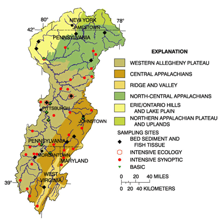 Figure 8. Assessments of the health and condition of aquatic life and habitat focused on four of the six ecoregions represented on this map. Contaminants associated with bed sediment and tissue were analyzed at 19 sites. (Ecoregions from Omernick, 1987).