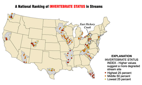 Map of the United State showing invertebrate status in streams.