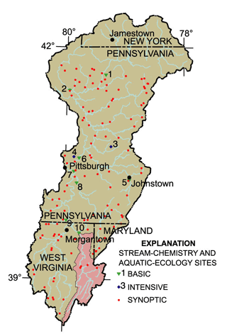 Figure 26. In addition to intensive waterquality sampling at a few sites, one-time sampling at many sites across the study area provided data related to specific land uses. The Cheat River Basin (shaded pink) was similarly sampled.