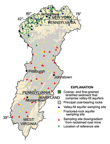 Figure 27. Ground water was sampled from two major aquifer systems, valley-fill aquifers of the northern Allegheny River Basin, and fractured-rock aquifers in the Pittsburgh Series rocks that contain the largest quantities of commercially minable bituminous coal in the ALMN.