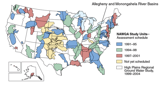 Map showing United States NAWQA Study Units, for Allegheny and Monongahela River Basins.