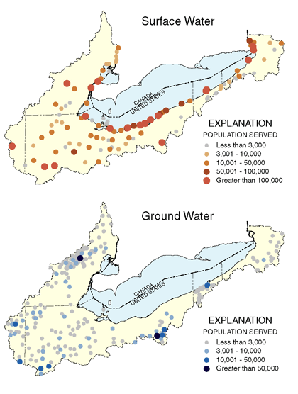 Figure 6. Many public-water supplies with surface-water sources are near Lake Erie or major rivers, whereas public water supplies with ground-water sources generally are some distance from the lake and major rivers.