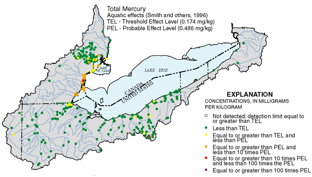 Figure 20. Concentrations of total mercury in recently deposited lakebed and streambed sediments (Data from 1990-97).