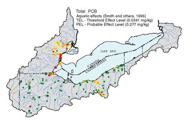 Figure 21. Concentrations of total PCB in recently deposited lakebed and streambed sediments (Data from 1990–97).