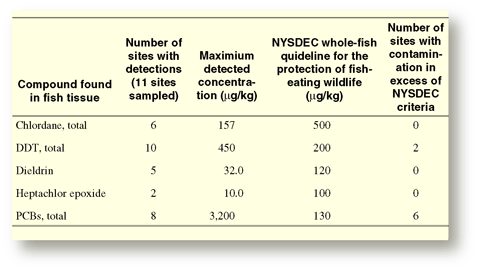 Table 2. Summary of contaminant concentrations in fish tissue in relation to guidelines for the protection of fish-eating wildlife [mg/kg, micrograms per kilogram; NYSDEC, New York State Department of Environmental Conservation].