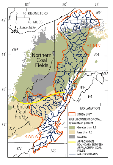 Figure 11. Coal seams in the Appalachian coal region vary in sulfur content, and the fields are identified primarily on the basis of this difference (Tully, 1996). The Kanawha–New River Basin contains mostly lower sulfur coal, while the Allegheny and Monongahela River Basins contain mostly higher sulfur coal.