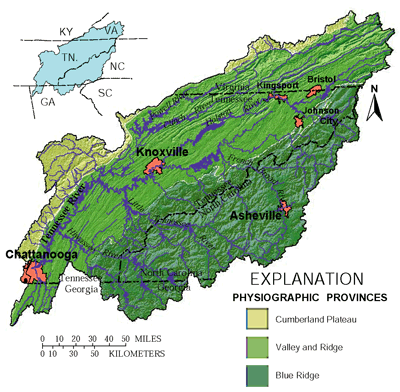 The Upper Tennessee River Basin encompasses about 21,390 square miles and includes parts of four States: Tennessee, North Carolina, Virginia, and Georgia. Three major physiographic provinces are represented in the basin: the Cumberland Plateau, Valley and Ridge, and Blue Ridge Provinces. Most of the 2.4 million people residing in the basin live in the four metropolitan areas of Knoxville and Chattanooga, Tennessee; Asheville, North Carolina; and the Tri-Cities area of Tennessee and Virginia.
