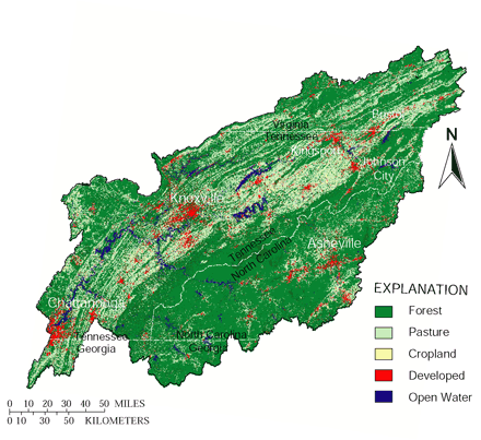 Figure 1. Water-quality conditions in the Upper Tennessee River Basin are influenced by land uses.