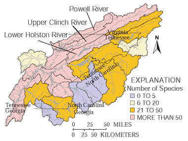 Figure 8. Freshwater mussel diversity is highest in the Valley and Ridge physiographic province.