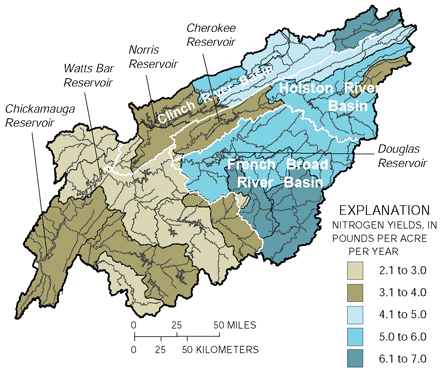 Figure 14. Mean annual total nitrogen yields between 1973 and 1993 were highest in the upper French Broad and upper Clinch River Basins.