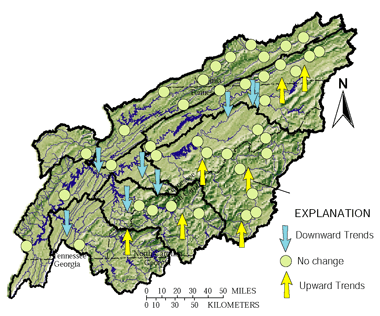 Figure 19. Total nitrogen increased in parts of the Upper Tennessee River Basin between 1970 and 1993.