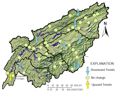 Figure 20. Total phosphorus decreased or remained unchanged in the Upper Tennessee River Basin between 1970 and 1993.