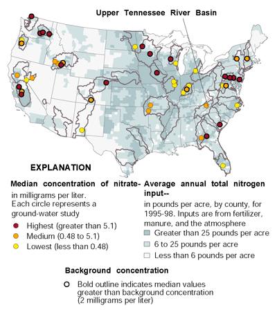 Map of the United State showing Median nitrate concentrations in shallow ground water beneath agricultural land use in the Upper Tennessee River Basin were in the medium range on a national basis.