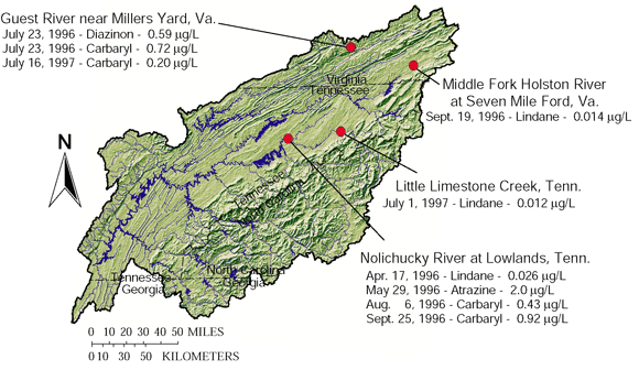 Figure 25. Pesticide concentrations, in micrograms per liter (µg/L), infrequently exceeded aquatic-life criteria in the Upper Tennessee River Basin, 1996-98.