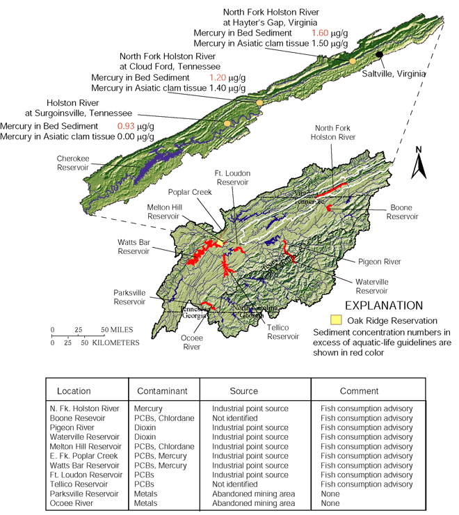 Figure 29. Mercury, in micrograms per gram, and organic contaminants persist in bed sediments and biological tissues in parts of the Upper Tennessee River Basin.