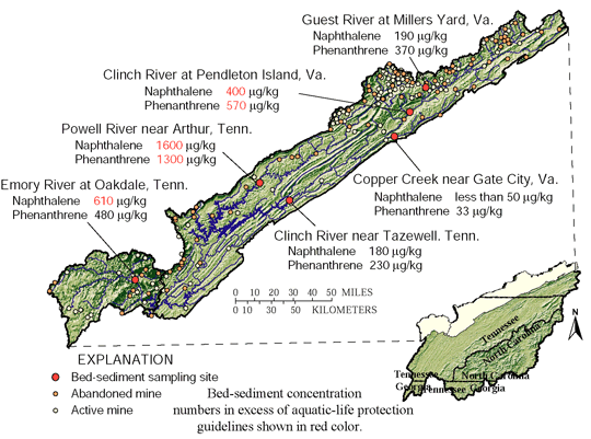 Figure 30. Relatively high polycyclic aromatic hydrocarbon (PAH) concentrations, in micrograms per kilogram, are common in bed sediments in the upper Clinch River Basin.