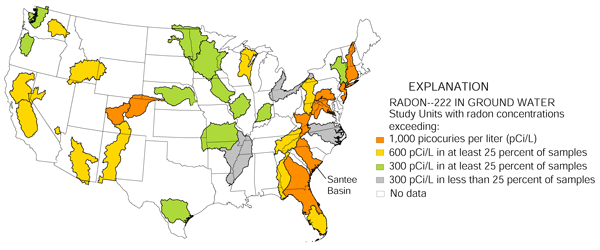 Map showing  Study units with radon concentrations.