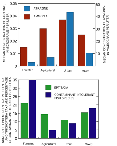 Figure 18. Compared to forested sites, urban and agricultural sites have higher concentrations of atrazine and ammonia as well as lower numbers of fish and invertebrates that are intolerant of contamination.