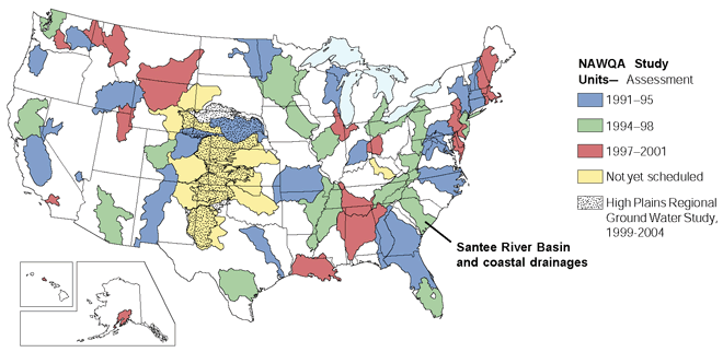 Map showing United State NAWQA Study Units location of Santee River Basin and coastal drainages