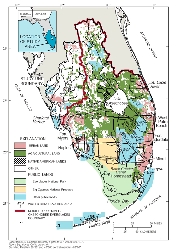 Urban, agricultural, Native American, public lands and other important features in the Southern Florida NAWQA Study Unit (McPherson and Halley, 1996).