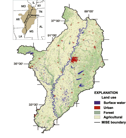 The Mississippi Embayment (MISE) Study Unit is an approximately 49,800-square-mile area in the six States of Arkansas, Kentucky, Louisiana, Mississippi, Missouri, and Tennessee. Land use in the MISE is principally agricultural. Approximately 62 percent of the study area is agricultural, 33 percent is forested, and 5 percent represents other land uses. The land use in some of the smaller drainage basins sampled is greater than 90 percent agricultural. 