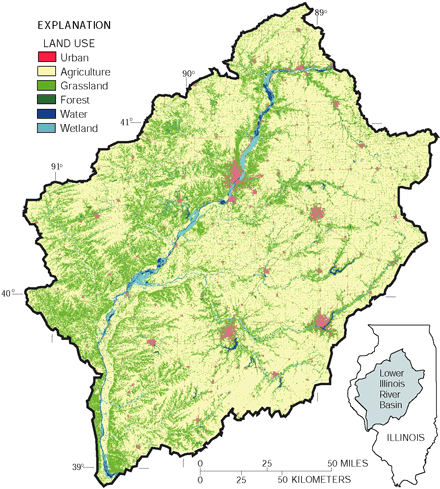 Figure 1. Land use in the lower Illinois River Basin is predominantly agriculture. Farming is most intensive in the part east of the Illinois River. Streambanks generally are steeper west of the Illinois River and are more forested than streambanks east of the river.