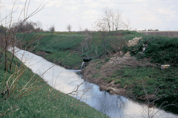 Figure 12. Subsurface drainage allows water with high concentrations of agrichemicals to be transported directly to ditches and streams. The outlet pipe from a subsurface drain at center of photograph is draining into the stream. (Photograph by Kelly L. Warner, USGS.)