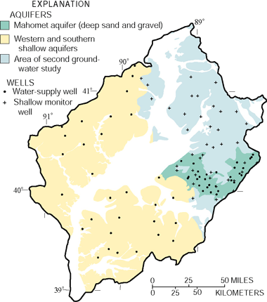 Figure 27. Ground-water studies encompassed most of the area of the lower Illinois River Basin. Two studies of water-supply wells and two studies of shallow, recently recharged ground water were completed. The first set of shallow monitor wells was drilled in the material overlying the Mahomet aquifer.