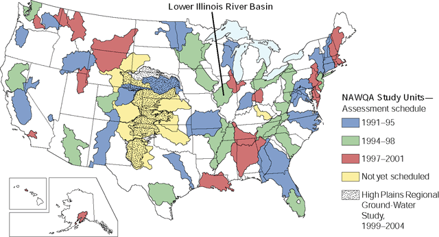 Map showing United State NAWQA Study Units location of Lower Illinois River Basin.