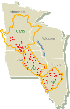 Figure 29. The influence of riparian buffer zones on the quality of 70 Midwestern streams and rivers was evaluated in the Upper Mississippi River (UMIS), Eastern Iowa (EIWA), and Lower Illinois River Basins (LIRB).