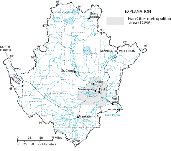 Figure 6. Upper Mississippi River Basin Study Unit, Twin Cities metropolitan area, major rivers and streams, and selected cities.