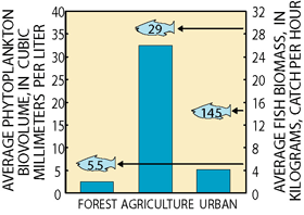 Figure 16. Phytoplankton biovolume and fish biomass were greatest in streams draining agricultural areas in the Study Unit.