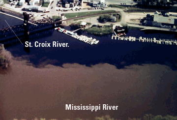 Aerial view of the confluence of the St. Croix and the Mississippi Rivers. (Photograph by James R. Stark.)