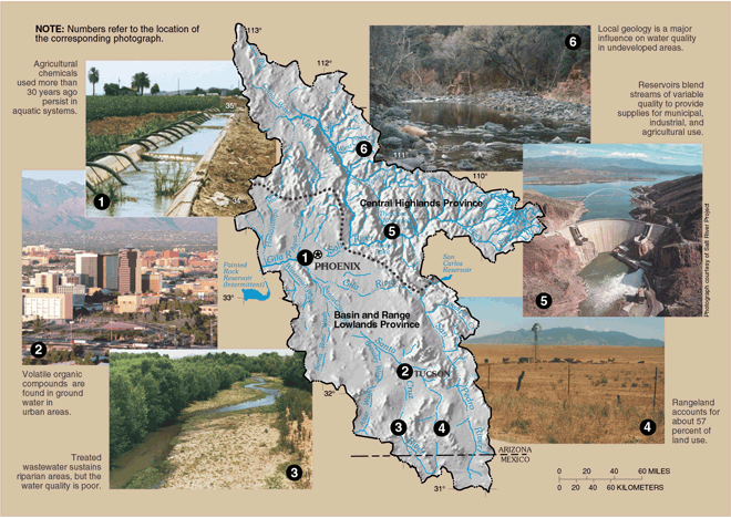 Figure 1. The Central Highlands hydrologic province is mountainous compared to the large, elongate alluvial basins of the Basin and Range Lowlands. Reservoirs capture the perennial streams of the Central Highlands to provide water supplies for the Basin and Range Lowlands. Photographs: Upper right conner photo showing Agricultural chemicals used more than 30 years ago persist in aquatic systems. Upper left conner photo showing Local geology is a major influence on water quality in undeveloped areas. Rigt side photo showing Reservoirs blend streams of variable quality to provide supplies for municipal, industrial, and agricultural use. Lower right conner Rangeland accounts for about 57 percent of land use. Lower left conner Treated wastewater sustains riparian areas, but the water quality is poor. Right conner Volatile organic compounds are found in ground water in urban areas. Photograph courtesy of Salt River Project.