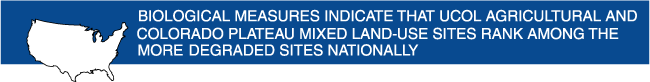 Banner: BIOLOGICAL MEASURES INDICATE THAT UCOL AGRICULTURAL AND COLORADO PLATEAU MIXED LANDUSE SITES RANK AMONG THE MORE DEGRADED SITES NATIONALLY