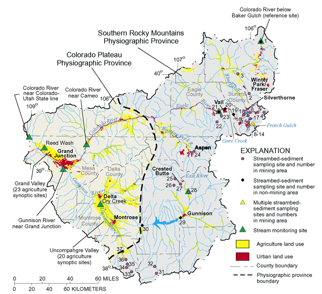Figure 6. Sampling sites and study areas were selected to assess effects of urban, mining, and agricultural land uses on water quality.
