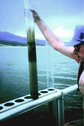 Sediment core from Dillon Reservoir. (Photograph by Norman Spahr, U.S. Geological Survey.)