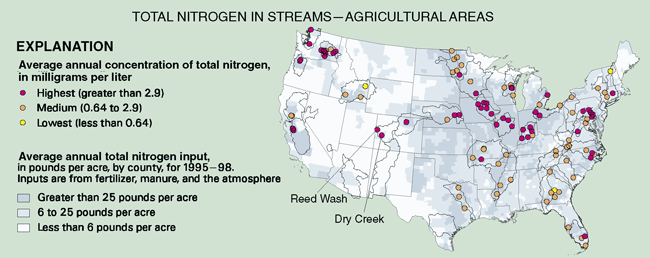 Map showing TOTAL NITROGEN IN STREAMS-AGRICULTURAL AREAS.